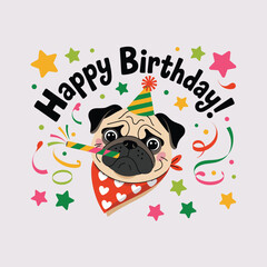 A happy pug wearing a party hat and bandana blows a party horn surrounded by stars and confetti birthday vector illustration.