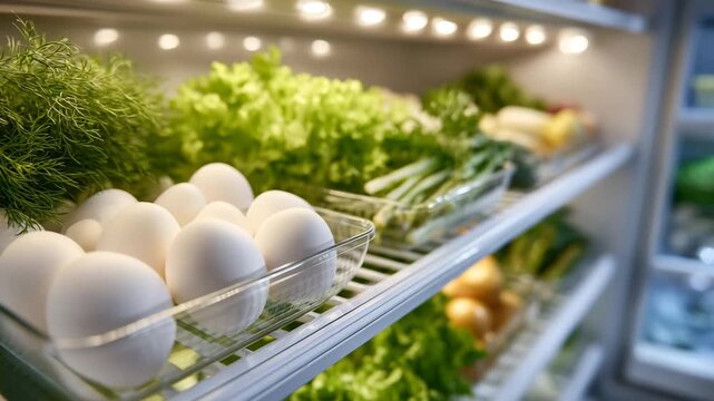 Neatly organized fridge interior with rows of fresh produce, eggs, dairy, and herbs, modern lighting creating soft highlights, close-up focus on vivid textures and freshness of foo