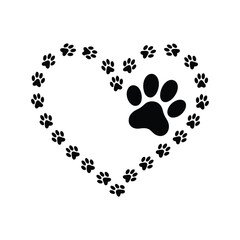 Black paw prints forming a heart shape with a large paw print in the center on a white background.