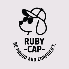 Black line art dog wearing sunglasses and a baseball cap with text Ruby Cap Be Proud and Confident canine vector illustration.