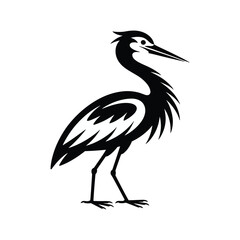 Black silhouette of a stylized heron bird standing on white background with detailed feathers and sharp beak vector illustration.