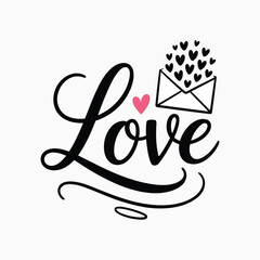 Black script word Love with pink heart and envelope overflowing with hearts letter romance