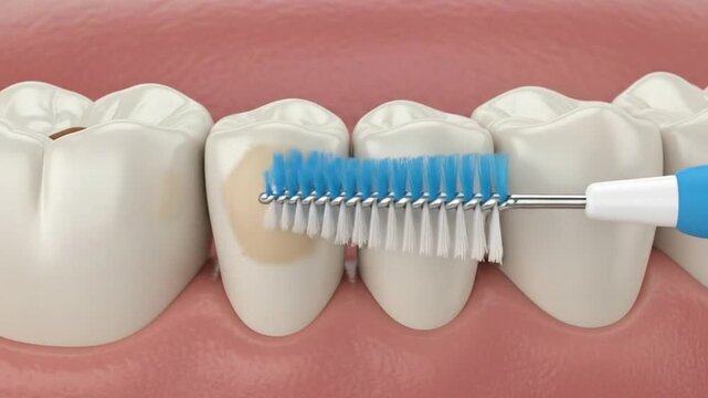 Using an Interdental Brush for Cleaning Plaque Between Teeth, Medically Accurate 3D Animation of Oral Hygiene and Dental Care.