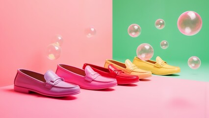 A row of pink and yellow loafer shoes on a pink and green background.