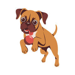 Cartoon brown boxer puppy dog jumping with red ball in mouth and tongue out illustration.
