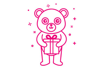 A charming outline of a cheerful bear gently holding a wrapped gift box for someone