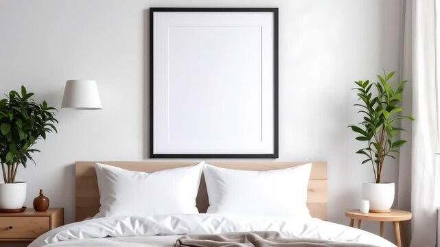Bedroom interior with frame and plants.