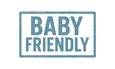 Rectangular seal BABY FRIENDLY condensed font gentle blue ink texture opacity vintage print look