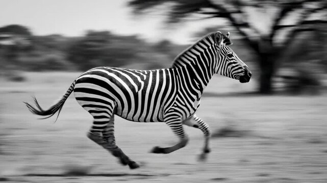 Elegant Zebra Striding Across Savanna in Black and White Motion Capture