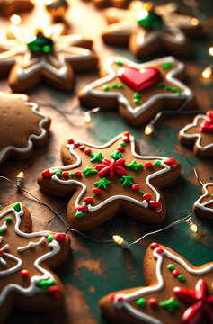 Gingerbread cookies decorated with icing, star and heart shapes, Christmas ornaments and fairy lights, top view, cozy mood