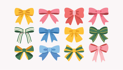 Collection of twelve flat design gift bows in various colors and patterns arranged in a grid ribbon present vector illustration.