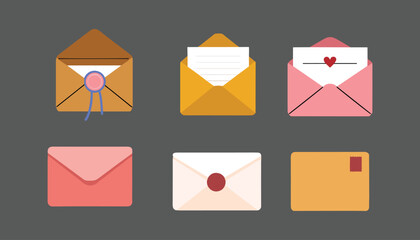 Collection of six flat design envelopes in various colors and styles mail letter vector illustration.