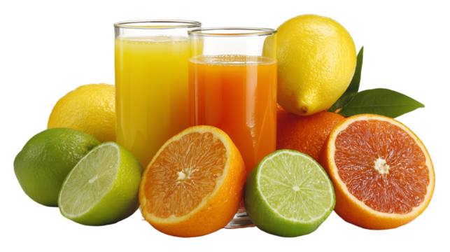 Two glasses of citrus juice with oranges, lemons, and limes