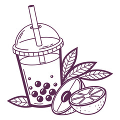 Bubble tea with lemon and tapioca balls isolated on