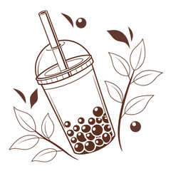 A glass of bubble tea with leaves isolated on