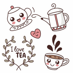 Cute tea time elements isolated on drawing illustration