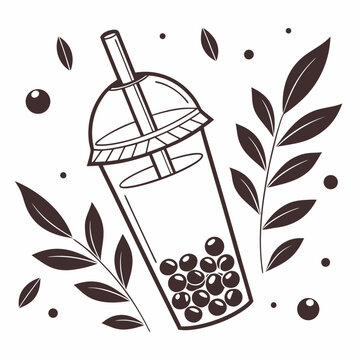 Hand drawn bubble tea with tapioca pearls isolated on