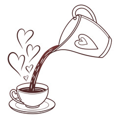 Coffee pouring from pot into cup with hearts isolated on