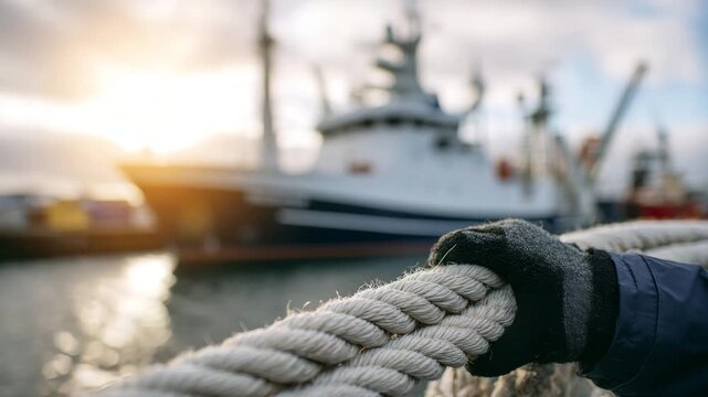 Thick rope tightly held by gloved hand, soft-focus research vessel in harbor behind, bright sun overhead casting shadows on rope and glove, crisp textures with cinematic framing