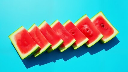 Five slices of watermelon arranged in a row on a blue background.