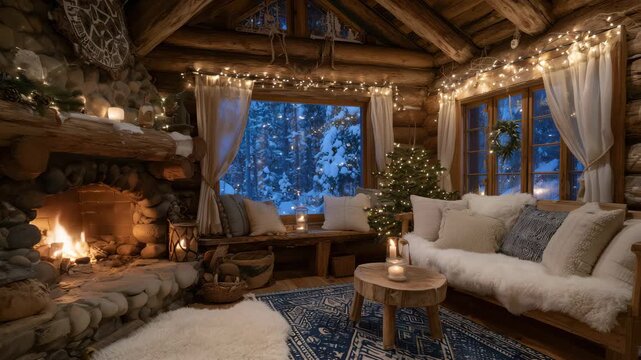 Traditional log cabin bathed in warm firelight, rustic furniture and glowing string lights, snowflakes visible through frosted glass, comforting Christmas cheer filling the air