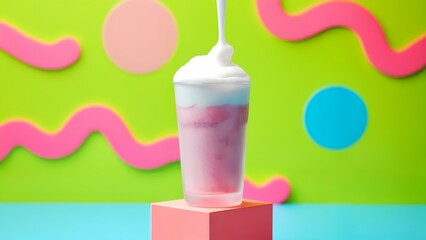 Obraz premium A glass filled with ice cream sitting on top of a pink cube.