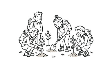 Obraz premium handdrawn cute doodle style group planting trees after hike vector line illustration