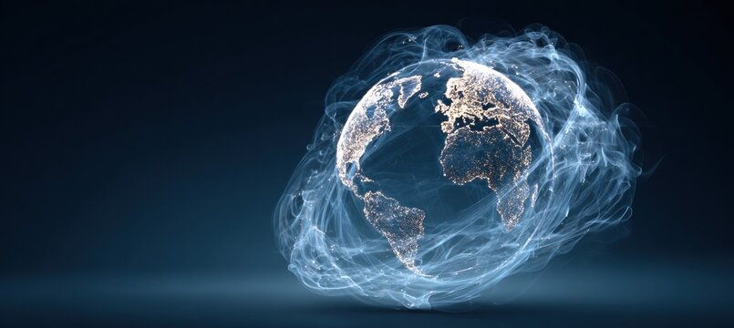 Tech Globe with Orbiting Smoke Data Rings on Dark Blue Background