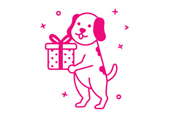 Cheerful pink dog stands while holding a polka dotted gift box with a bow