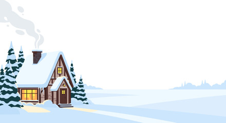 Cozy winter cottage with smoke coming from the chimney in snowy landscape copy space