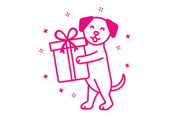 Cheerful outline of dog is delivering a present in pink on white background