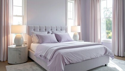 Lavender and Pearl Bedroom With Velvet Headboard and Stone Nightstands