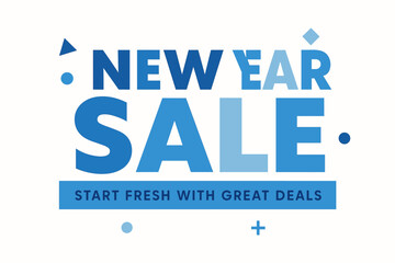 Flat vector banner design text New Year Sale subtitle Start fresh with great deals bold geometric font blue and silver palette