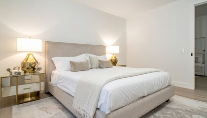 Pearl and Soft Gold Bedroom With Velvet Bed and Marble Lamp