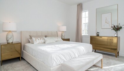 Pearl and Soft Gold Bedroom With Velvet Bed and Marble Lamp