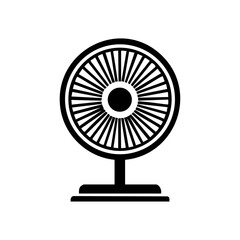 Simple black desk fan front view symbolizing cooling, airflow and summer temperature control for home or office climate.