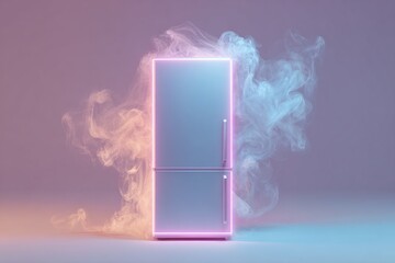 Smart Fridge Silhouette with Glowing Interface on Pastel Background