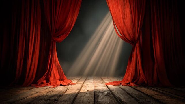 Dramatic Theater Stage With Red Curtains and Spotlight