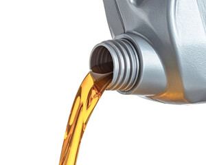 Motor oil pouring from plastic bottle on a white background
