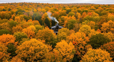 secluded wooden house with smoking chimney surrounded by vast, colorful autumn forest. high-angle drone view of peaceful fall landscape. banner, website header.