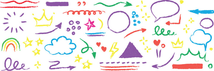 Colourful hand drawn doodle elements collection featuring arrows clouds hearts stars and speech bubbles on white background
