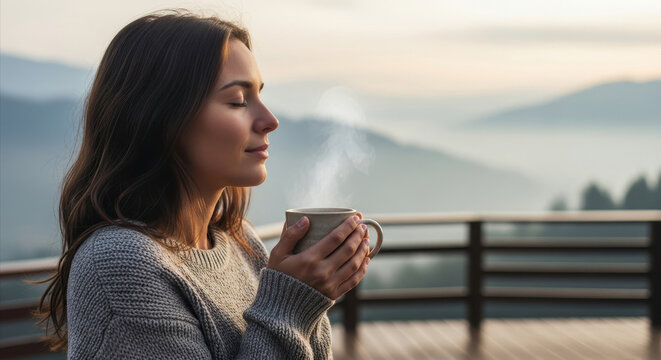 calm caucasian woman in sweater holding steaming cup of coffee or tea. peaceful morning in mountains. slow living concept. banner, website header, copy space.