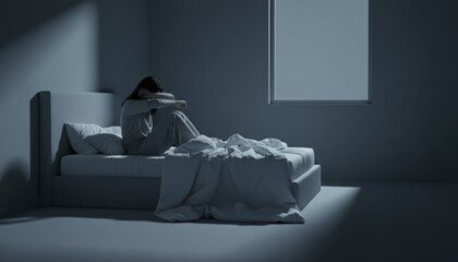 Woman sitting alone on her bed, covering her face and feeling distressed in a dimly lit bedroom at night, symbolizing overwhelming loneliness, mental health issues, and insomnia