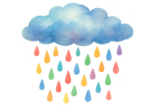 Blue watercolor cloud raining colorful pastel raindrops, weather phenomenon, cute drawing, transparent background