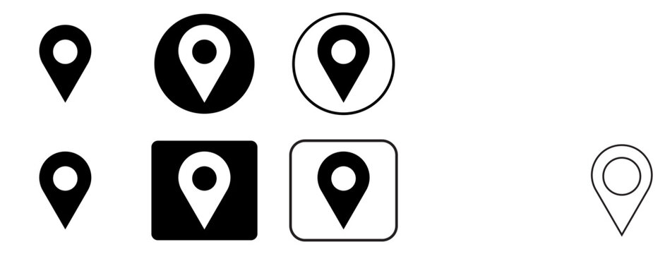Location pin map markers icon set, black and white various styles for digital design and navigation applications