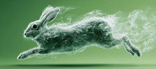 Dynamic Smoke Rabbit Leaping Against Green Background
