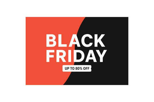flat vector banner BLACK FRIDAY split background half red half black with curved sweep headline straddling seam small white ticket UP TO 80% OFF clean corporate style