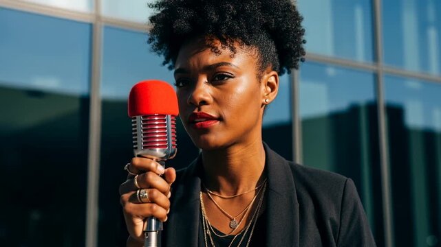 A powerful Black woman activist speaking into a vintage microphone. An empowered female protestor with an afro hairstyle raises her fist. Concept of freedom of speech and social justice.
