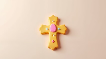 An overhead view of a yellow cross with a pink button in the middle.