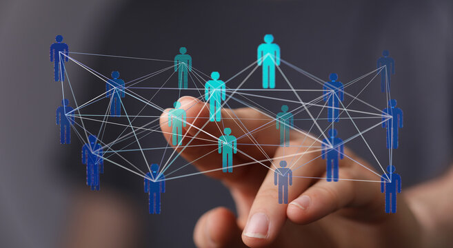 Abstract image showing network of connections with digital person icons pointing towards hand. Concept for business networking, technology and c